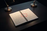 A notebook of cursive handwriting lit by two lamps from opposite sides, with one word outlined in a thin red rectangle where the two pools of light overlap