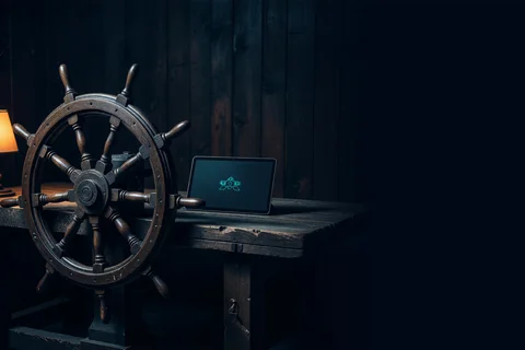A wooden ship's wheel in a dark workshop beside a small screen showing a simple teal vector spaceship