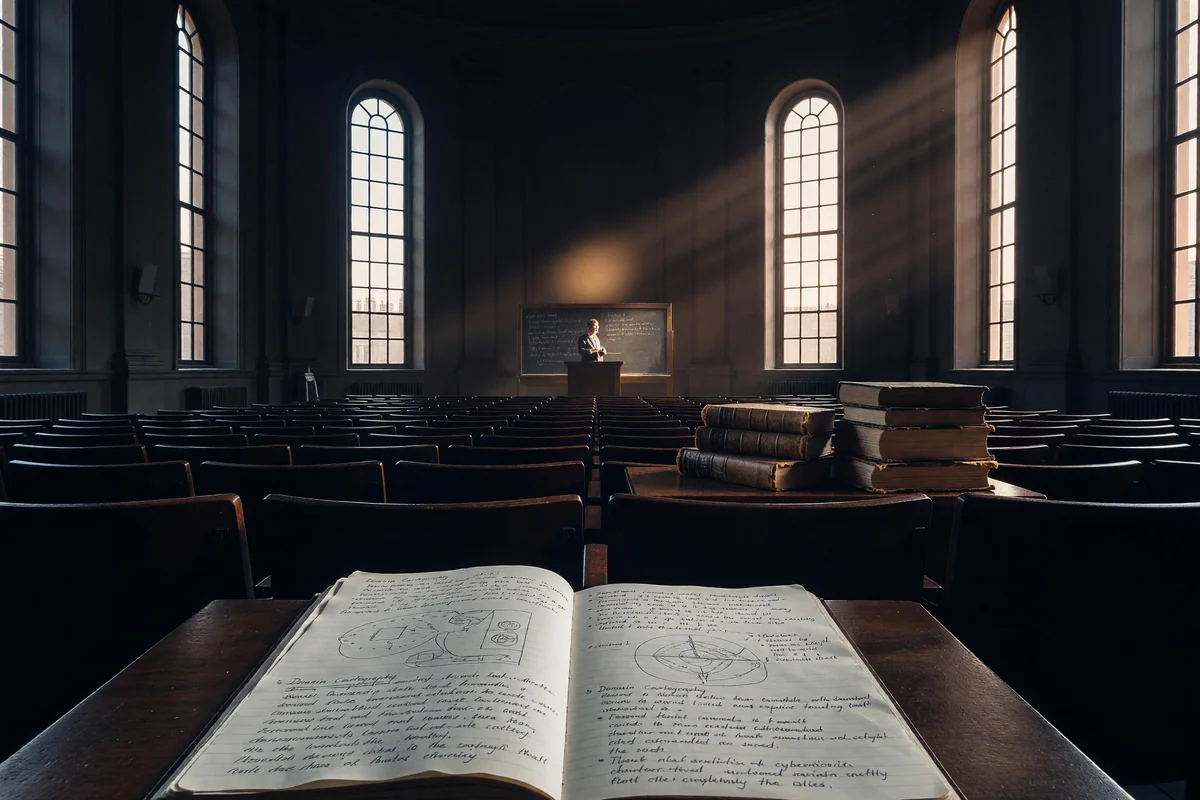 An open notebook of handwritten lecture notes in the back row of a lecture hall, the speaker distant at the front in late afternoon light