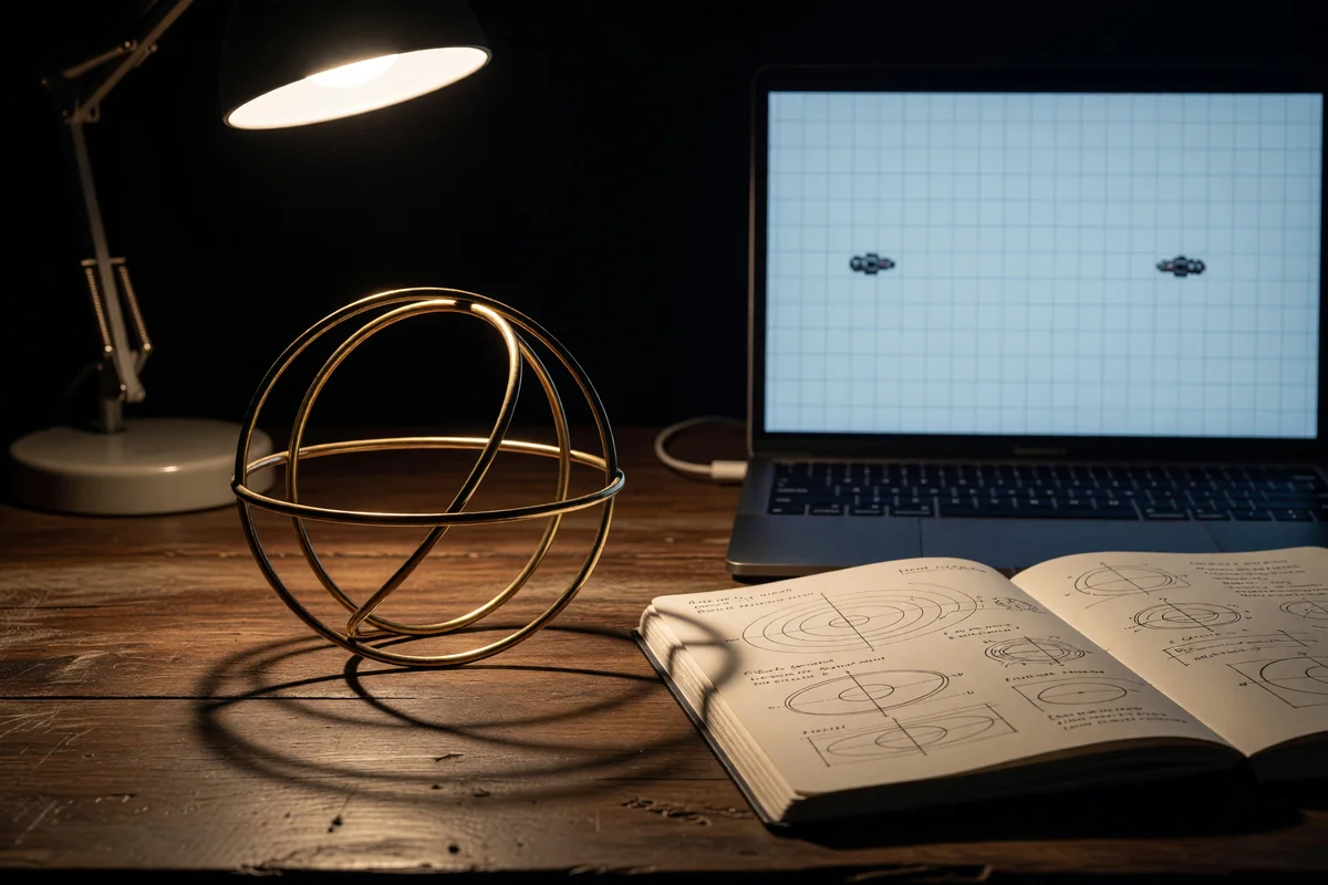 Brass rings forming a loop on a dark workbench beside an open notebook and a laptop showing a small game arena, under warm lamp light