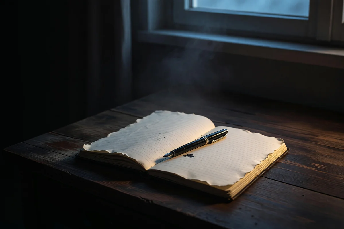 An open notebook and fountain pen in cool dawn light, a faint breath of fog in the cold air