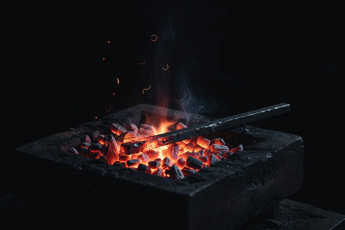 Glowing orange forge coals in the dark with an iron bar heating among them