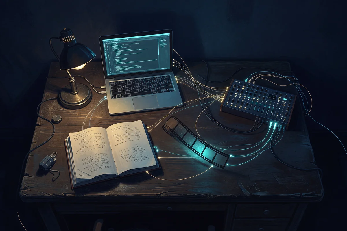 A creative engineer's workspace from above, terminal book film and synth linked into one constellation