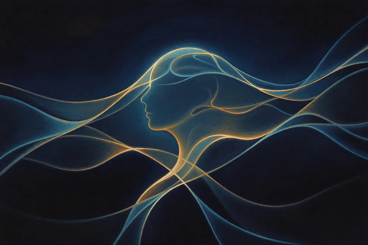 Flowing lines of light like paragraphs weaving into a contemplative human profile