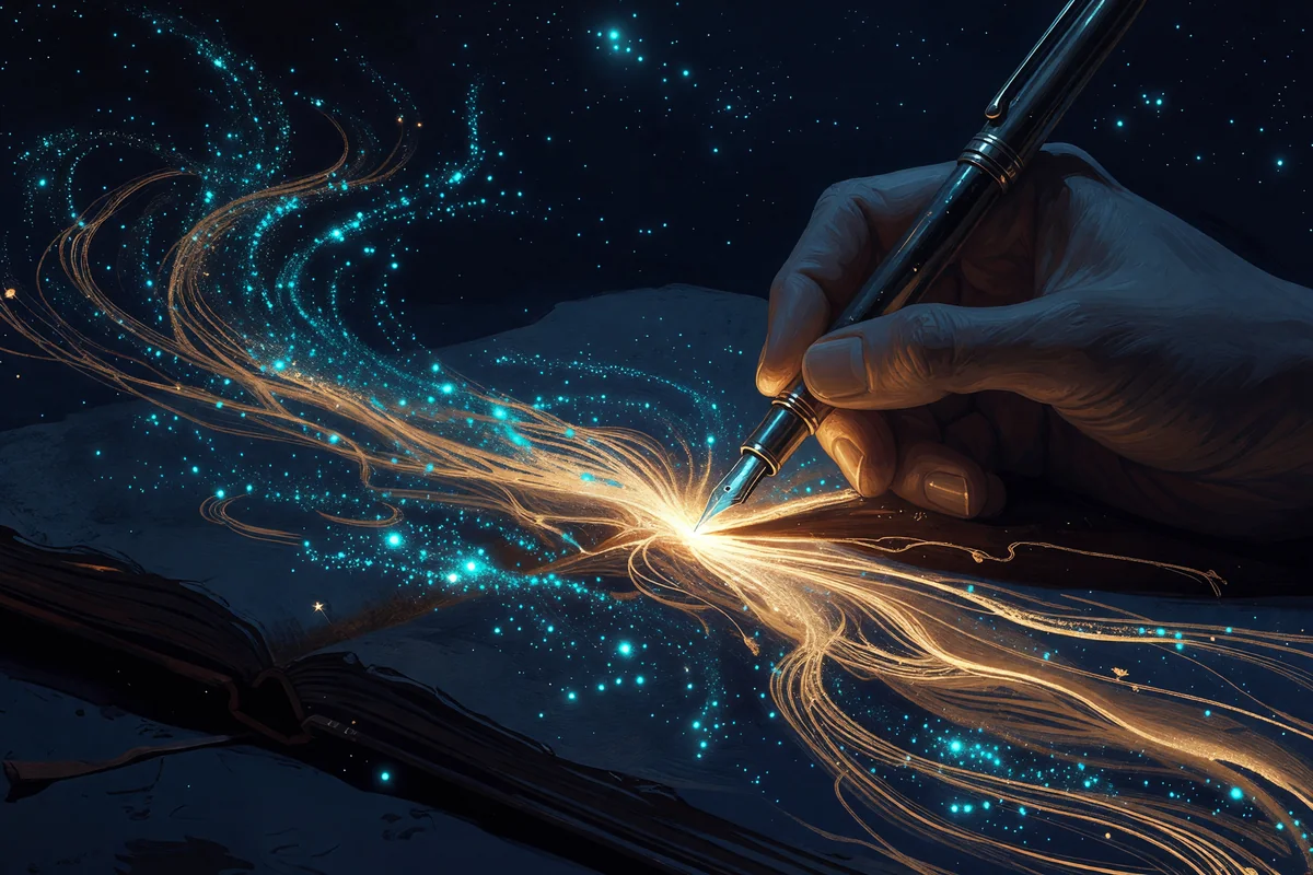 A hand writing with a fountain pen, ink flowing into a river of light and stars