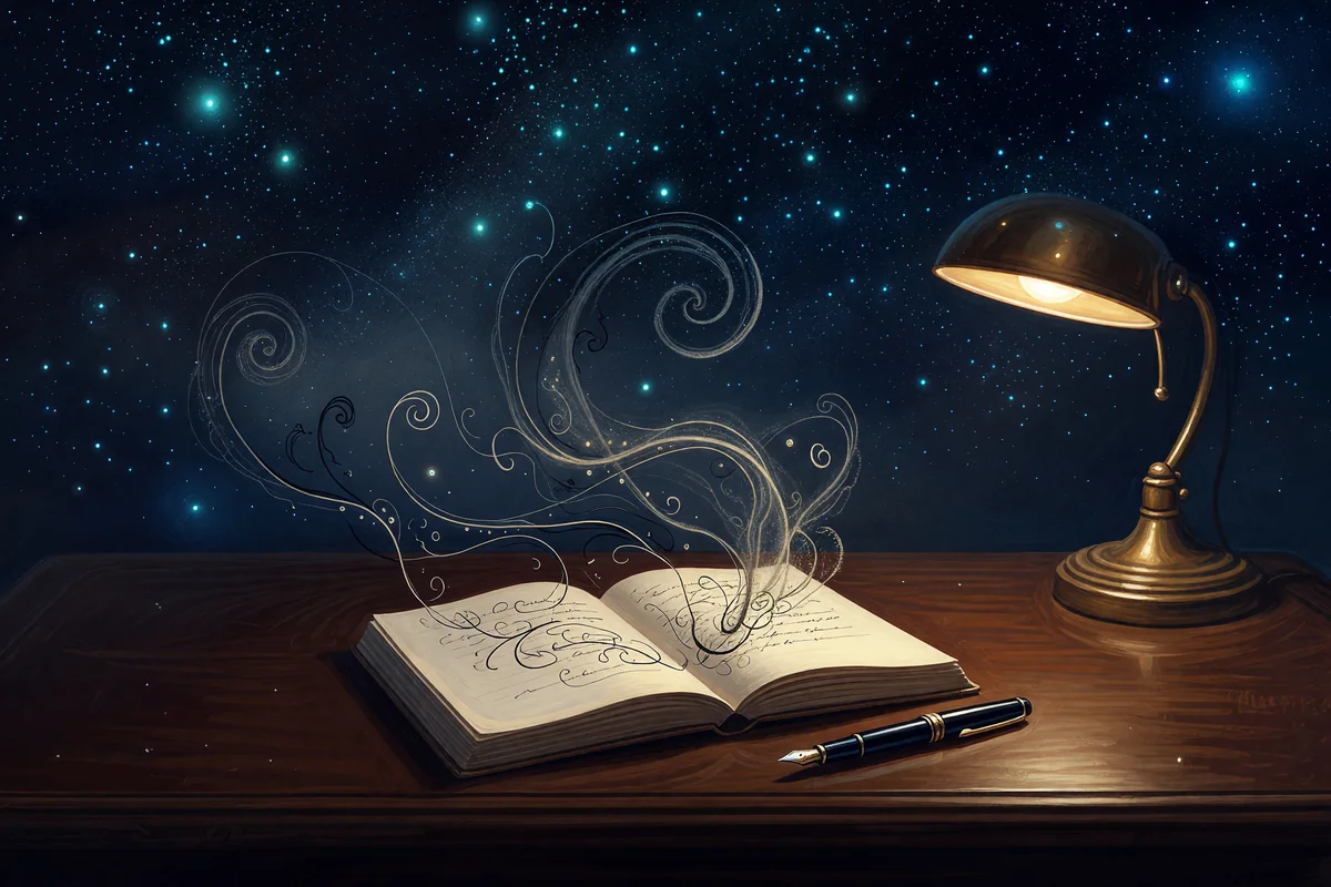 An open notebook and fountain pen with ink rising off the page into a starfield