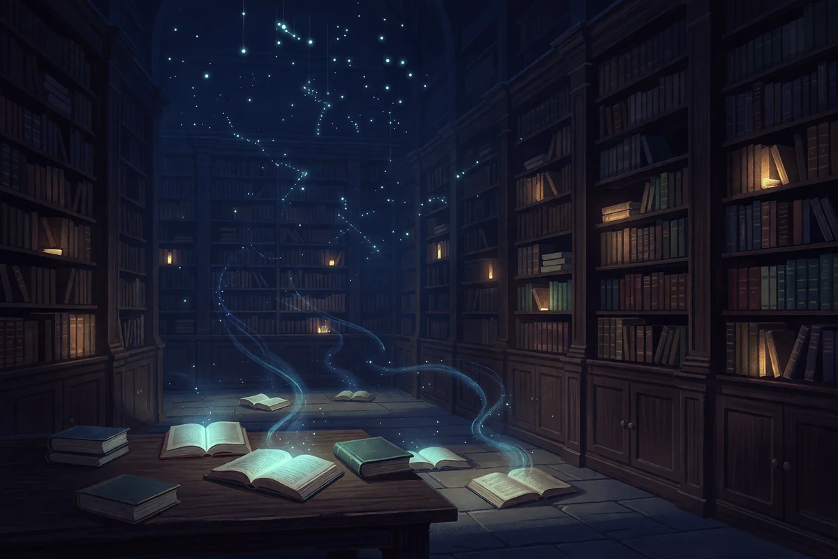 A dim library of glowing books with light rising from open pages into constellations