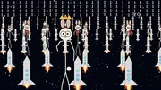 A crown-wearing stick-figure bunny stands front and center in a black starfield crowded with rows of white rockets, smaller bunnies riding them, flames at every tail