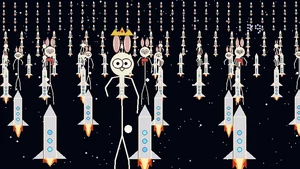 A crown-wearing Plan 9 stick-figure bunny stands front and center in deep space with a field of rockets behind it, each carrying its own dancing bunny. Text "ARP CATHEDRAL" above. Fireworks bursting.