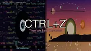 Split-panel composition with CTRL+Z title in large cream letters over golden glow. Left half shows a dense cold neon mosaic of equations, scientist names, and historical dates on deep navy labeled THE DOWNLOAD. Right half shows a warm sunset with four planets, a constellation bridge, cathedral silhouettes on the horizon, and a flower meadow labeled THE BLOOM.