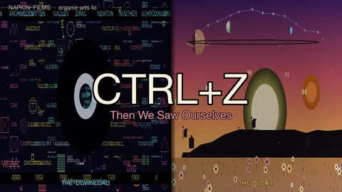 Split-panel composition with CTRL+Z title in large cream letters over golden glow. Left half shows a dense cold neon mosaic of equations, scientist names, and historical dates on deep navy labeled THE DOWNLOAD. Right half shows a warm sunset with four planets, a constellation bridge, cathedral silhouettes on the horizon, and a flower meadow labeled THE BLOOM.