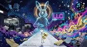 A stick figure holding a box stands on a giant 1040 form while a glowing neon bunny holds up an LLC sign, with dark offices on the left and swirling music and dollar signs on the right