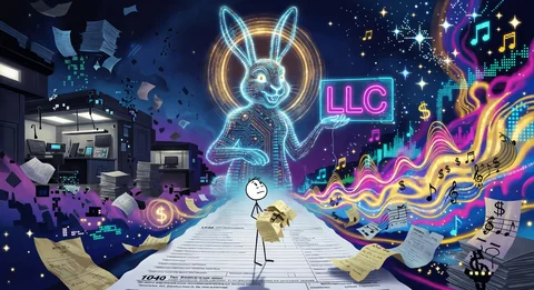 A stick figure holding a box stands on a giant 1040 form while a glowing neon bunny holds up an LLC sign, with dark offices on the left and swirling music and dollar signs on the right
