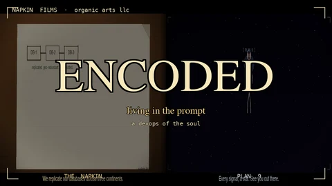 Title card reading ENCODED, living in the prompt, a devops of the soul, over two dim panels, a paper napkin with three linked database boxes on the left and a faint stick-figure bunny in a dark starfield on the right