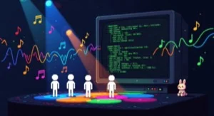 Four stick figures on a dark stage under colored spotlights with a CRT monitor and floating musical notes