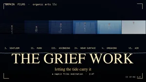 A six-panel horizontal strip showing the arc of an underwater film. Each panel shows a different depth with a small cream-colored Plan 9 bunny holding or releasing a warm-gold pulsing orb. Caustic light shimmers across the water. Title reads THE GRIEF WORK in a serif face with warm-gold halo, subtitle reads letting the tide carry it. Top-left reads NAPKIN FILMS organic arts llc.