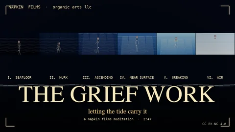Title card reading THE GRIEF WORK, letting the tide carry it, under a strip of six small panels from dark navy to pale blue water, each with a tiny stick-figure bunny, labeled Seafloor, Murk, Ascending, Near Surface, Breaking and Air