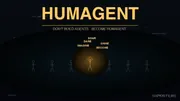 Title card reading HUMAGENT, Don't build agents, become humagent, over a row of gray stick figures with one center figure glowing orange, arms raised, under the words imagine, dare, soar, shine, become