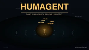 Seven stick figure drones typing in sync with a center figure awakened in warm orange light, arms raised, code tokens fading into human words