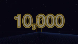 A stick figure stands beneath a starfield with "10,000" glowing in massive numerals, a frame from Ten Thousand Days