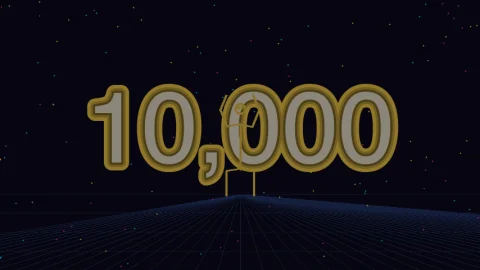 A stick figure stands beneath a starfield with "10,000" glowing in massive numerals, a frame from Ten Thousand Days