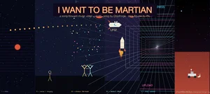 Six-panel blog header for I Want to Be Martian: Ligeti starfield, porch longing, chorus, rocket liftoff, Kubrick corridor upload sequence, and rover on Martian regolith