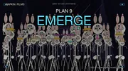 The PLAN 9: EMERGE thumbnail, a cyber-cathedral packed with stick-figure bunnies, every one with a glowing chip on its forehead, dancing on the kick. Seventy-six bunnies in seven rows of deepening color, lasers sweeping across, cyan and magenta backlighting, with the title PLAN 9: EMERGE in the center and "neura kink edition" beneath. One bunny in the front row holds popcorn and is just watching.