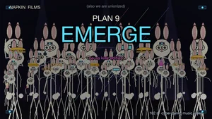 The PLAN 9: EMERGE thumbnail, a cyber-cathedral packed with stick-figure bunnies, every one with a glowing chip on its forehead, dancing on the kick. Seventy-six bunnies in seven rows of deepening color, lasers sweeping across, cyan and magenta backlighting, with the title PLAN 9: EMERGE in the center and "neura kink edition" beneath. One bunny in the front row holds popcorn and is just watching.
