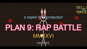 The Plan 9 bunny stands center frame in a dark alley under a red bandana, mouth open mid-rap, with PLAN 9 RAP BATTLE in large pink letters above, paint splats, matrix rain, and a brick wall behind