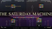 A 2x2 grid showing a vending machine scene. Top-left, empty office park at dusk, vending machine glowing. Top-right: Coffee Lady stick figure arrives. Bottom-left, full dance party, all four characters dancing, machine pulsing disco lights. Bottom-right, Plan 9 bunny rising from the dispenser slot waving goodbye. Center title reads THE SATURDAY MACHINE, subtitle reads takes a lot, so choose your why.