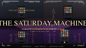 A 2x2 grid showing a vending machine scene. Top-left, empty office park at dusk, vending machine glowing. Top-right: Coffee Lady stick figure arrives. Bottom-left, full dance party, all four characters dancing, machine pulsing disco lights. Bottom-right,     Plan 9 bunny rising from the dispenser slot waving goodbye. Center title reads THE SATURDAY MACHINE with warm-amber halo, subtitle reads takes a lot, so choose your why.