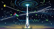 A stick figure on a wooden porch waves up at a night sky of constellation lines, Pac-Man, a Tetris block and rows of space invaders, as a beam of light from a swirling vortex lowers a small robot