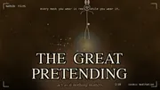 A 2x1 diptych showing two scenes from THE GREAT PRETENDING. Left, a warm color bloom scene with violet, teal, and rose nebula glows representing the "all of it matters" emotional peak. Right, a Plan 9 bunny silhouette riding a planet across a deep cosmic sky, the silent signature moment of the film. Center title reads THE GREAT PRETENDING with warm-cream typography and a soft amber halo, subtitle reads act as if nothing matters.