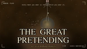 A 2x1 diptych showing two scenes from THE GREAT PRETENDING. Left,     a warm color bloom scene with violet, teal, and rose nebula glows representing the "all of it matters" emotional peak. Right,     a Plan 9 bunny silhouette riding a planet across a deep cosmic sky, the silent signature moment of the film. Center title reads THE GREAT PRETENDING with warm-cream typography and a soft amber halo, subtitle reads act as if nothing matters.