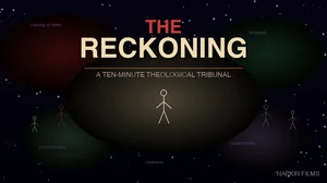 Five stick figure silhouettes in a cosmic void with colored glows representing The Judge, The Witness, The Child, and The Model, with drifting thesis words