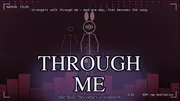 The climax frame from THROUGH ME, a Plan 9 stick-figure bunny standing center-frame on a deep-violet stage, EQ bars rising along the lower third in cool blues and violets, the title THROUGH ME set in cool-cream serif typography with a soft violet halo, subtitle reads the hole becomes a window. Lower-right corner: 2:51 EDM rap meditation. Upper- center tag: strangers walk through me, and one day, that becomes the song.