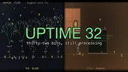 Split title card. On the left, branching light trees with tiny sprites on a dark field, labeled The Bloom; on the right, a warm brown room with a terminal screen and a small bunny, labeled Still Running. Green title UPTIME 32, subtitle thirty-two bits, still processing