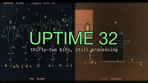 Dual-panel composition. Left half shows five color-shifting light trees growing from a horizon line with signal-runners climbing and a conga line of sprites dancing. Right half shows a warm wood desk at golden hour with a sleeping Plan 9 bunny beside an open laptop, a small gold hero sprite watching, and fireflies drifting. Centered title reads UPTIME 32 in terminal green, subtitle reads thirty-two bits, still processing.
