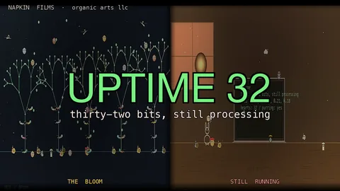 Split title card. On the left, branching light trees with tiny sprites on a dark field, labeled The Bloom; on the right, a warm brown room with a terminal screen and a small bunny, labeled Still Running. Green title UPTIME 32, subtitle thirty-two bits, still processing