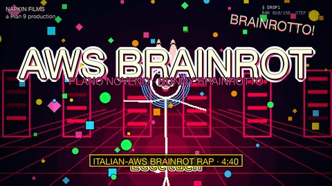 AWS BRAINROT thumbnail: Plano Noveno (Plan 9 Glenda bunny in his Italian-brainrot form) center stage in a vibrant Roblox-styled arena, neon perspective floor grid, 8-Mile crowd silhouettes bobbing along the bottom, three Italian-AWS mascot stick-figures dancing as opponents. Title AWS BRAINROT in big cream-on-pink bubble letters with hot-pink underglow. Subtitle PLANO NOVENO · BUNNY BRAINROTTO in hot pink. NAPKIN FILMS / a Plan 9 production corner mark. Gold ITALIAN-AWS BRAINROT RAP · 4:40 tag at the bottom. Rotated BRAINROTTO! stamp top-right. Confetti scatter, radial vignette.