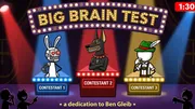 BIG BRAIN TEST thumbnail. Glowing marquee-bulb sign across the top reading BIG BRAIN TEST, sitcom game-show stage in deep purple-black with red and blue side spotlights, three contestants on lit podiums: minimalist stick-figure cyborg bunny on blue (left), tall stick-figure with Doberman head and red collar on red (center), stick-figure with green Alpine hat and white feather on gold (right), three small silhouette hecklers in the bottom corners, gold tagline at the bottom reading "a dedication to Ben Gleib", runtime tag 1:30 in the top right.