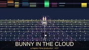 BUNNY IN THE CLOUD thumbnail: hero Plan 9 bunny standing in the middle of a Tron-style perspective grid floor, surrounded by hundreds of tiny pink-dot bunnies and dozens of cute Miyazaki bunny sprites with ears and fluffy tails arranged in receding rows, light pool glowing around the hero, modtracker visualization of all 12 song channels scrolling at the top of the frame, big cream title BUNNY IN THE CLOUD across a translucent black bottom band, gold subtitle "a Napkin Films production · 4:01" beneath.