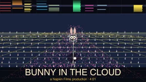 BUNNY IN THE CLOUD thumbnail: hero Plan 9 bunny standing in the middle of a Tron-style perspective grid floor, surrounded by hundreds of tiny pink-dot bunnies and dozens of cute Miyazaki bunny sprites with ears and fluffy tails arranged in receding rows, light pool glowing around the hero, modtracker visualization of all 12 song channels scrolling at the top of the frame, big cream title BUNNY IN THE CLOUD across a translucent black bottom band, gold subtitle "a Napkin Films production · 4:01" beneath.