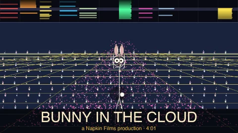 BUNNY IN THE CLOUD thumbnail: hero Plan 9 bunny standing in the middle of a Tron-style perspective grid floor, surrounded by hundreds of tiny pink-dot bunnies and dozens of cute Miyazaki bunny sprites with ears and fluffy tails arranged in receding rows, light pool glowing around the hero, modtracker visualization of all 12 song channels scrolling at the top of the frame, big cream title BUNNY IN THE CLOUD across a translucent black bottom band, gold subtitle "a Napkin Films production · 4:01" beneath.