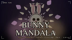 BUNNY MANDALA thumbnail. Plan 9 the cyborg bunny centered in the breakdown frame with the contemplative expression, big cream-fur head with pink inner ears, large white-sclera eyes meeting the camera, pink nose, soft pink mouth. A six-ring lotus mandala surrounds the bunny: outer rose lotus petals, mid teardrop petals, gold triangle flares, an inner yellow dot ring, plus a halo of cream-furred tiny bunny silhouettes orbiting around. Warm pink and gold rose-and-gold palette of the Eyes Meet section. Title BUNNY MANDALA in large cream serif glow letters bottom-center, BUNNY in rose halo, MANDALA in gold halo, subtitle Satie + Pachelbel + Sanskrit mantra-rap in gold below. Top center the Devanagari Aum mani padme hum mantra in rose. Top-left brand NAPKIN FILMS in cream mono. Bottom-right runtime 3:29 Plan 9 CC BY 4.0 in cream. Corner brackets framing the composition.