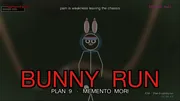 BUNNY RUN thumbnail: Plan 9 the cyborg bunny centered with a smirk expression, full body visible in a running stance, red-white-and-blue headband across the brow, big white-sclera eyes engaged with the camera, pink nose, small smile, blue and red chromatic-aberration halo doubled around the head from the climax glitch effect. Dark hilly off-road terrain backdrop with a winding sandy trail. Title BUNNY RUN in big Stranger-Things red glow letters bottom-center, subtitle PLAN 9 · MEMENTO MORI in cream below, tagline "pain is weakness leaving the chassis" in cream at top. Top-left brand mark NAPKIN FILMS in red. Top- right glitch text ERR 404 NULL in neon pink. Bottom-right runtime 4:34 · Plan 9 cyborg run in cream and CC BY 4.0 in cyan.
