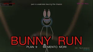BUNNY RUN thumbnail: Plan 9 the cyborg bunny centered with a smirk expression, full body visible in a running stance, red-white-and-blue headband across the brow, big white-sclera eyes engaged with the camera, pink nose, small smile, blue and red chromatic-aberration halo doubled around the head from the climax glitch effect. Dark hilly off-road terrain backdrop with a winding sandy trail. Title BUNNY RUN in big Stranger-Things red glow letters bottom-center, subtitle PLAN 9 · MEMENTO MORI in cream below, tagline "pain is weakness leaving the chassis" in cream at top. Top-left brand mark NAPKIN FILMS in red. Top- right glitch text ERR 404 NULL in neon pink. Bottom-right runtime 4:34 · Plan 9 cyborg run in cream and CC BY 4.0 in cyan.
