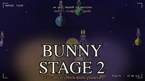 BUNNY STAGE 2 thumbnail. The BLOOM moment: a glowing amber machine hub at center with rotating Saturn-style rings and a plasma core, seven colorful planets in orbit around it (rust, blue-grey, mauve, teal, gold, violet, rose) with tiny stick-figure Plan 9 bunnies standing on each, tapered beams flowing from the hub to every planet with traveling data packets, a multi-tier starfield against a deep indigo cosmic sky. Title BUNNY STAGE 2 in large cream serif glow letters bottom-center, BUNNY in amber halo, STAGE 2 in violet halo, subtitle "we've always been multi-planetary" in amber below. Top center "we will depend on machines" + MULTI-PLANETARY BLOOM in rose. Top-left brand NAPKIN FILMS in cream mono. Bottom-right runtime 3:21 Plan 9 CC BY 4.0 in cream. Corner brackets framing the composition.
