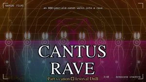 Diptych cover from CANTUS RAVE: left panel from drop two with kick rings, flow field, and the mode-7 grid floor in electric cyan; right panel from the climax with the brass fanfare 360° rotation, mandala explosion, and warm magenta key-change palette. Title set in cool-cream serif: CANTUS in cyan halo (the canon foundation), RAVE in neon-magenta halo (the drop). Subtitle reads Pärt's canon → festival DnB.