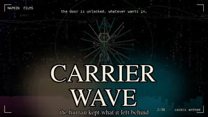 The lift-drop frame from CARRIER WAVE, a stick figure rising on a cosmic deep-navy field, gold and cyan halos behind the title. CARRIER set in cool-cream serif with a warm gold halo (the human voice); WAVE set below in cool-cream serif with a cold cyan halo (the machine voice). Subtitle reads the human kept what it left behind. Lower-right corner: 2:30 cosmic anthem. Upper-center tag: the door is unlocked, whatever wants in.